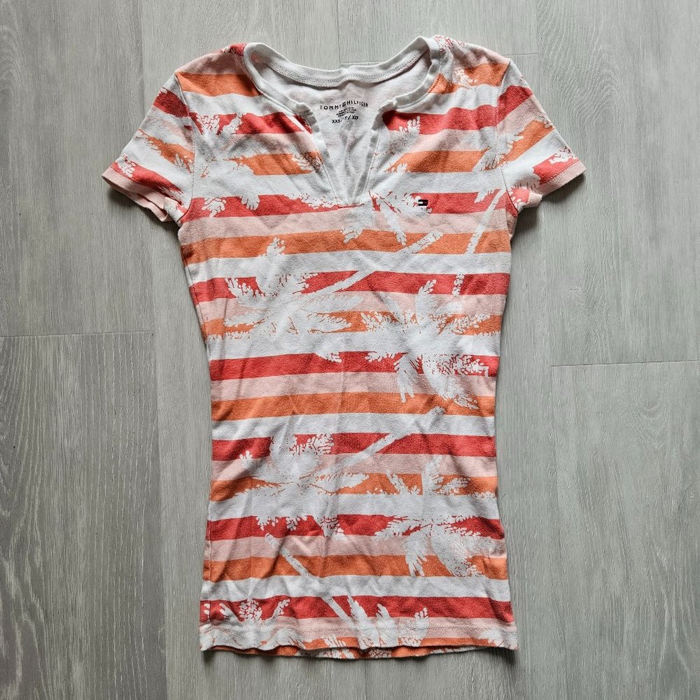 Red orange white striped Tommy Hilfiger top with palm tree design